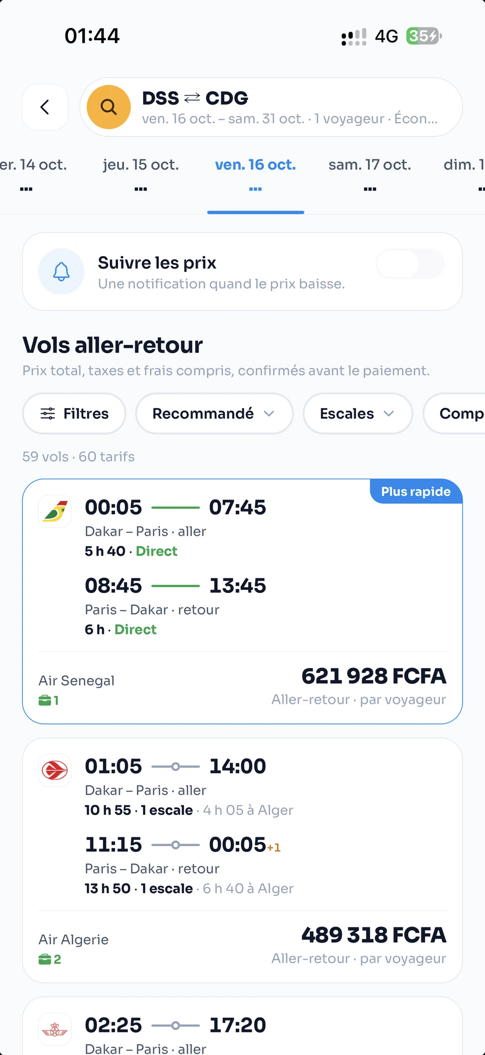 Résultats de vols Dakar – Paris avec prix toutes taxes comprises