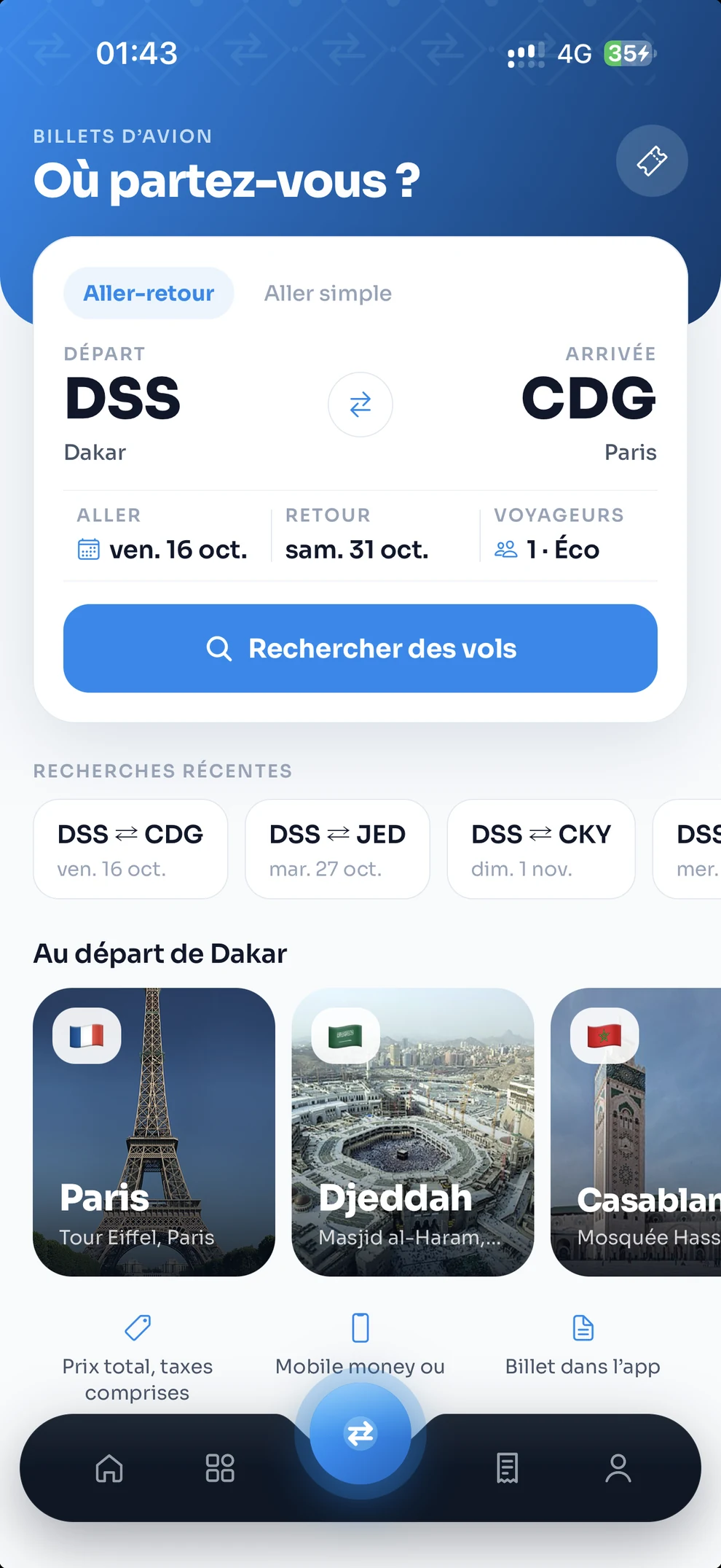 Recherche de billets d’avion dans l’app Dexchange