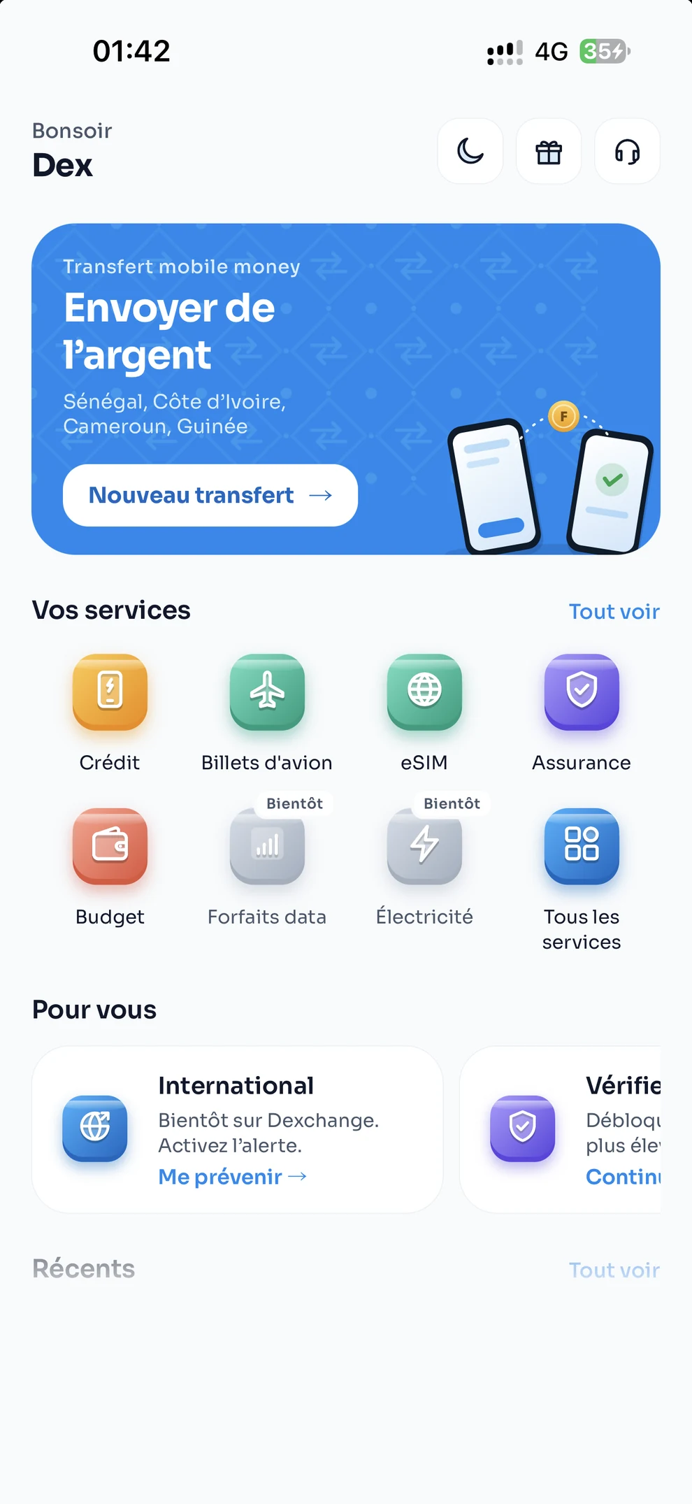 Accueil de l’app Dexchange avec les services disponibles