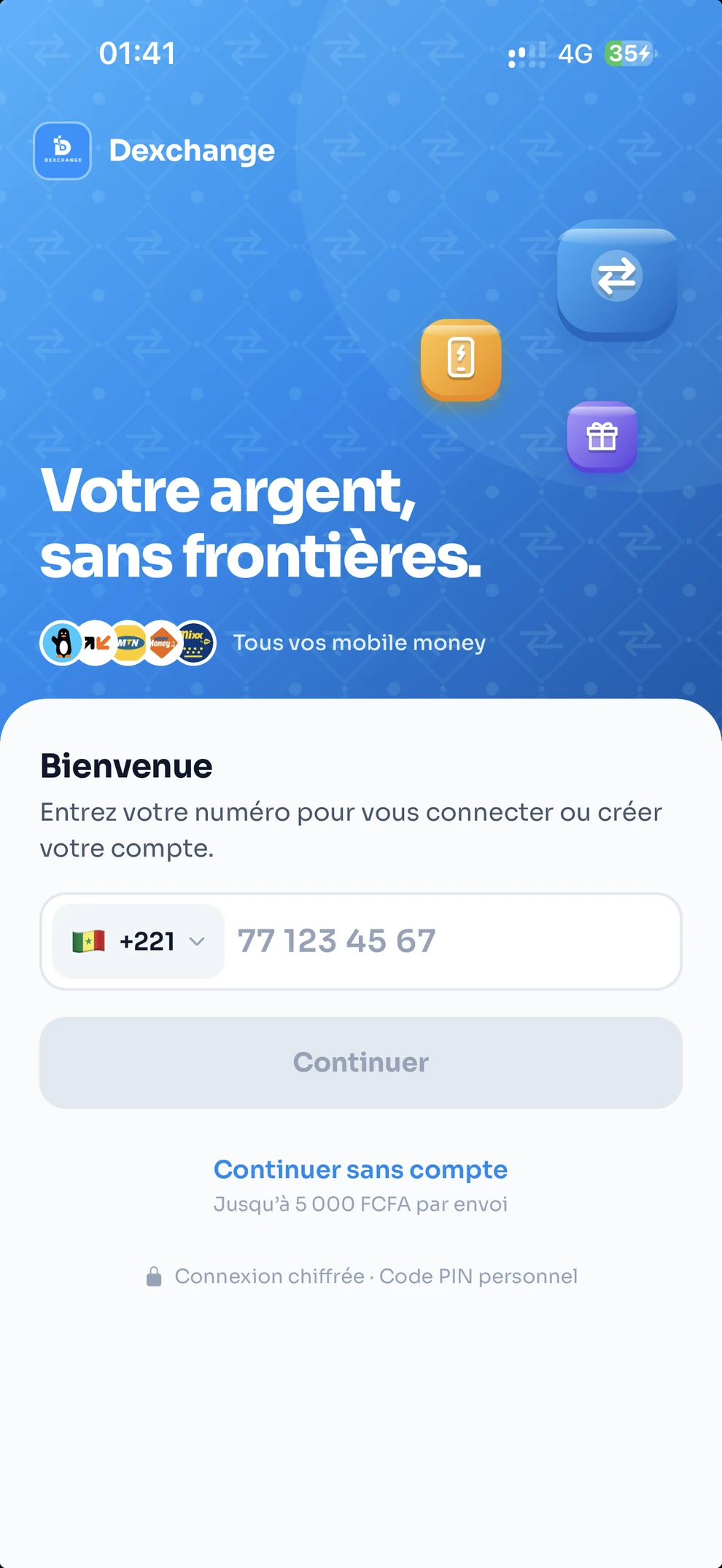 Écran d’accueil de l’app Dexchange : votre argent, sans frontières