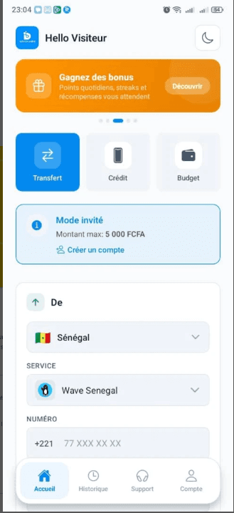 Application mobile Dexchange Transfert : écran d’envoi d’argent